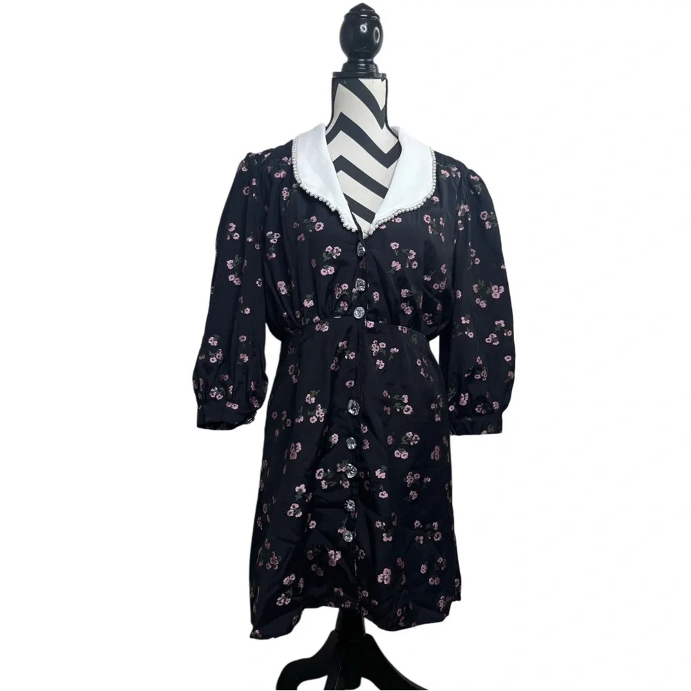 Sister Jane Puff Sleeve Collard Ink Dark Floral Sz L Goth Whimsigoth Dress - Picture 1 of 16